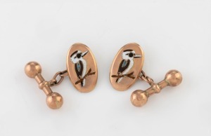 WILLIAM DRUMMOND of Melbourne pair of antique 9ct rose gold cufflinks with enamel kookaburra decoration, circa 1905, 5 grams