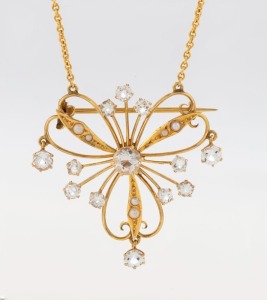 F. NISSAN of Brisbane antique 9ct yellow gold and white stone pendant on 9ct gold chain, early 20th century, stamped "9ct F.W.N.", the pendant 3.5cm wide, 6 grams