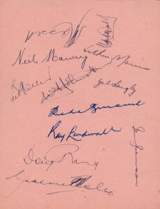 1952-53 Australian Team v South Africa, autograph page with 11 signatures including Lindsay Hassett, Ray Lindwall & Bill Johnston. Mounted with reprinted team photograph.