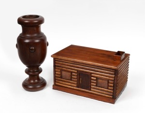 An antique Australian blackwood mantle urn, together with a vintage folk art box in the form of a log cabin, 19th and 20th century, (2 items), the urn 31cm high