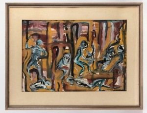 RICHARD BARNES (Northern Territory), Untitled, gouache, signed lower right, 36 x 52cm; overall 54 x 68.5cm. Accompanied by a photograph of this painting, together with others on display in a gallery, circa 1970.