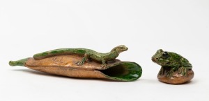 DAMIEN MEEHAN pottery lizard and frog ornaments, ​​​​​​​the lizard 18cm long