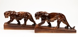 ATHOLL pair of brown glazed pottery panther bookends, 12.5cm high, 24cm long