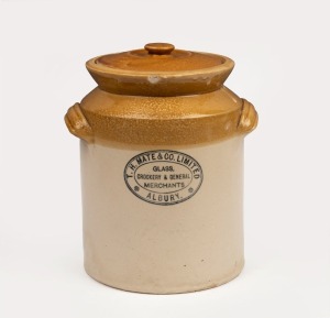 "T.H. MATE & CO. LIMITED GLASS, CROCKERY & GENERAL MERCHANTS ALBURY" lidded pottery jar, ​​​​​​​22cm high