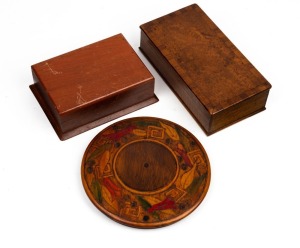 Three assorted antique and vintage Australian timber boxes, comprising of a circular pokerwork example with label "EXTONS, Brisbane and Toowoomba", another bearing a foil label "Supplied By ROONEY'S TOWNSVILLE", plus an attractive Queensland maple and ash box with cross-banded edge, early 20th century, the circular box 19cm diameter