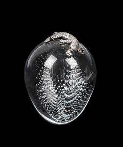 An Australian art glass paperweight with applied silver platypus decoration, circa 1998, 8.5cm high