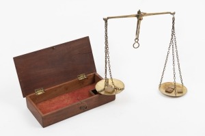 Antique gold scales and weights in mahogany case, bearing paper label to top "G.E. GREEN....MALOP ST. WEST, GEELONG", 19th century, 18cm wide