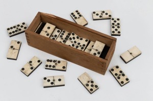Whalebone and ebony dominoes in timber box, 19th century, the box 16.5cm wide