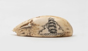 A scrimshaw whale's tooth with tallship decoration, 7cm long