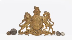 GAOL WARDERS N.S.W. buttons (2), CONVICT PRISON button, and a CONVICT DEPARTMENT button; together with an antique British brass coat of arms, 19th century, (5 items), the coat of arms 13.5cm wide