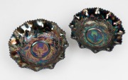 CROWN CRYSTAL "SHRIKE" pair of cobalt carnival glass master bowls, circa 1920s, each ​​​​​​​24cm wide