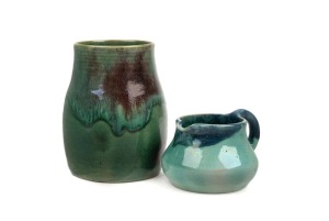 PHILLIPPA JAMES green glazed pottery jug and vase with blue highlights, (2 items), both incised "Philippa James", 6cm and 12cm high