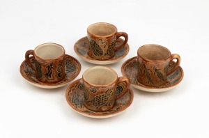 CARL COOPER set of four coffee cups and saucers with Aboriginal motifs, (8 items), incised "Carl Cooper", the saucers 11cm diameter