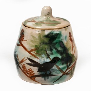 ARTHUR MERRIC BOYD pottery biscuit barrel with hand-painted bird and woodland scene, incised "Arthur Merric Boyd", ​​​​​​​15cm high