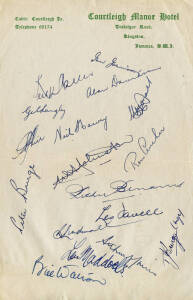 1955 Australian Tour of West Indies (1st tour to West Indies), "Courtleigh Manor Hotel, Kingston, Jamaica" pages, one signed by Australia, other signed by West Indies, with 39 signatures including Ian Johnson, Keith Miller, Richie Benaud, Clyde Walcott, F