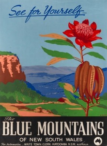 "THE BLUE MOUNTAINS OF NEW SOUTH WALES" screenprinted poster with artwork by H. Rousel, 100 x 73cm sight size