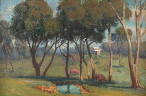 FREDERICK McCUBBIN (attributed), (1855-1917), (farm landscape), oil on canvas on board, 29 x 44cm, 44 x 59cm overall