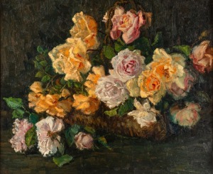 ARTIST UNKNOWN, still life with roses, oil on canvas on board, notation verso "Mrs. Clark", 53 x 63cm, 59 x 69cm overall