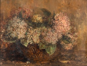 MAY VALE (1862-1945), still life with hydrangeas, oil on board, signed lower right "May Vale", ​​​​​​​44 x 60cm, 59 x 74cm overall