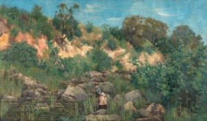 ARTIST UNKNOWN, (Merri Creek, Melbourne), oil on canvas, signed lower left (illegible), pencil inscription on the stretcher, ​​​​​​​44 x 75cm, 69 x 99cm overall