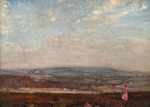 ARTIST UNKNOWN, (lady in a pink dress in landscape), oil on canvas, ​​​​​​​24 x 35cm, 43 x 54cm overall