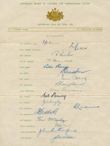 1956 Australian Team, official team sheet with 17 signatures including Ian Johnson (captain), Keith Miller, Richie Benaud, Neil Harvey & Ray Lindwall. Good condition.