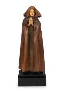 MARGUERITE MAHOOD "Mystery" rare pottery and copper clad statue, mounted on ebonized timber base, signed "Mahood" and titled on the base, 42cxm high overall