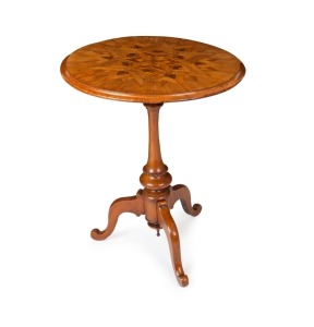 WINKS & HALL (attributed), in the manner of Seuffert, antique New Zealand parquetry starburst circular wine table, 19th century, 75cm high, 58cm diameter