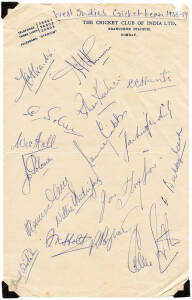 WEST INDIES: 1958-59 "The Cricket Club of India Ltd" letterhead with 17 signatures including Gerry Alexander (captain), Gary Sobers, Rohan Kanhai, Wes Hall & Lance Gibbs; plus 1991-92 West Indies to Australia, autograph page with 13 signatures including R