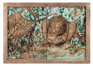 DAVID BOYD four panel pottery plaque with incised and hand-painted decoration, signed lower left "David Boyd, '59", sight size 36 x 54cm, framed 42 x 60cm overall