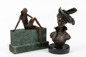 A cast bronze bust, together with a cast bronze statue of a seated lady on green marble base, 20th century, (2 items), the bust 22cm high
