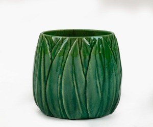 MELROSE WARE green glazed pottery vase with gum leaf decoration, stamped "Melrose Ware, Australian" 11cm high