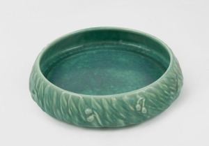 MELROSE WARE green glazed pottery fruit bowl decorated with gumnuts and leaves, stamped "Melrose Ware, Australian" 5cm high, 23cm wide