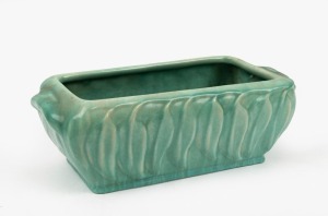 MELROSE WARE green glazed pottery flower trough with gum leaf decoration,  stamped "Melrose Ware, Australian" 12cm high, 34cm wide