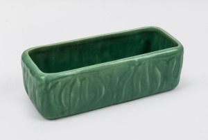 MELROSE WARE green glazed pottery trough with gum leaf decoration,  stamped "Melrose Ware, Australian" 8cm high, 25cm wide