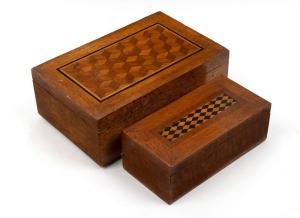 Two Australian timber boxes with tumbling box decoration, Queensland origin, early 20th century, the larger 23cm wide
