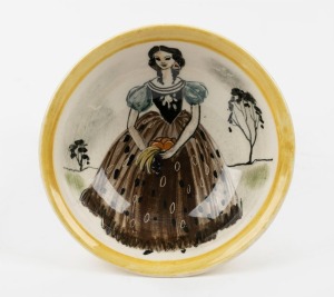 MARTIN BOYD pottery bowl with hand-painted portrait of a female carrying fruit, incised "Martin Boyd", 4.5cm high, 14cm diameter