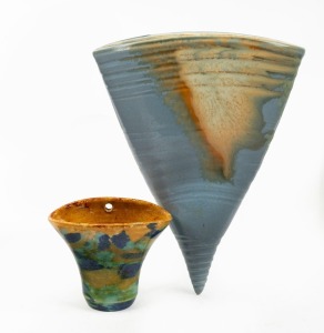 JOHN CAMPBELL unusual pottery wall pocket with unusual blue and green mottled glaze, together with a REMUED blue glazed wall pocket, (2 items), 10cm and 25cm high