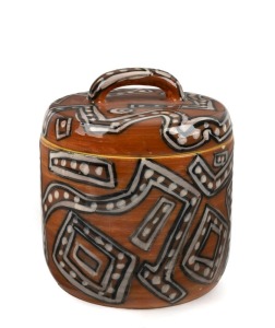 REG PRESTON pottery lidded jar with hand-painted decoration, signed "Preston", ​​​​​​​18cm high