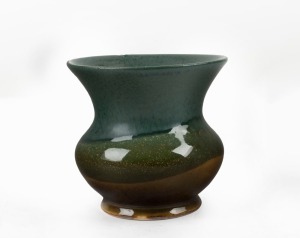 CRUFFEL Australian ceramic vase with unusual three tone green glaze, bearing original foil label to base "Art Cruffel Porcelain, Melbourne", 10.5cm high