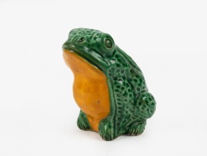 BOSLEY green and yellow glazed pottery frog, unusual small size 10cm high