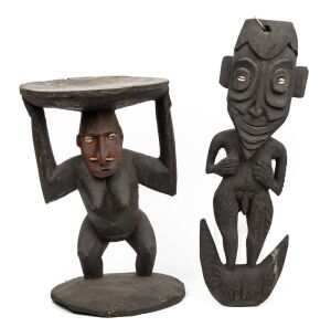 A tribal food hook and a figural stool, carved wood and shell, Papua New Guinea, 62cm and 50cm high