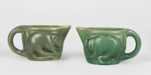 MELROSE WARE two green glazed pottery possum jugs, one bearing original factory mark "Melrose Ware, Australian", ​​​​​​​11cm high, 20cm wide