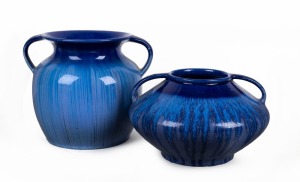 MELROSE WARE two blue glazed pottery vases with handles, stamped "Melrose Ware, Australian", the larger 20cm high, 24cm wide