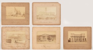 CHARLES NETTLETON, group of five black and white albumen prints, each mounted with title captions: I.) Melbourne From St. Kilda Road, II.) Public Library, III.) Library Front Parliament House, IV.) 50 Ton Crane, V.) Government House, sheet size 13 x 20cm 