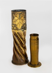 WW1 period trench art vase with leaf decoration, together with a brass vase, 20th century, (2 items), the larger 27cm high