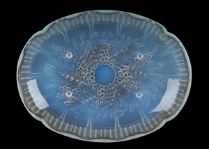 A French Art Deco frosted glass serving bowl with Australian wattle pattern, circa 1930, 35cm wide