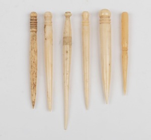 Six assorted antique whalebone bodkins, the largest 9cm long