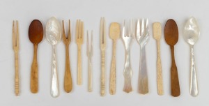 Thirteen assorted carved whalebone and mother of pearl antique spoons and forks, ​​​​​​​the largest 12cm high