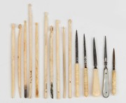Fifteen assorted antique whalebone crochet hooks and bodkins with steel tips, including one mother of pearl example, 19th century, ​​​​​​​the largest 15.5cm high